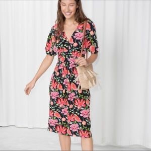 & OTHER STORIES Peony Floral Print Knee Length Pleated V Neck Dress